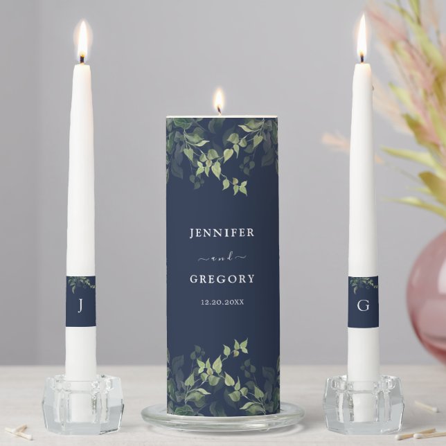 Navy Blue Greenery Botanical Watercolor Wedding Unity Candle Set (In Situ)