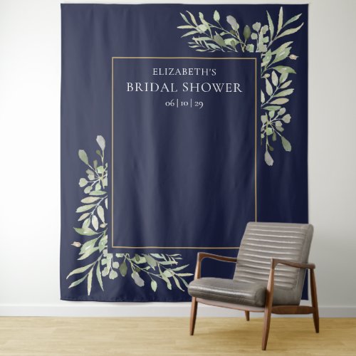 Navy Blue Greenery Bridal Shower Photo Backdrop - Featuring delicate watercolor greenery leaves on a navy blue background, this chic bridal shower photo booth backdrop can be personalized with the bride's name and special date. Designed by Thisisnotme©