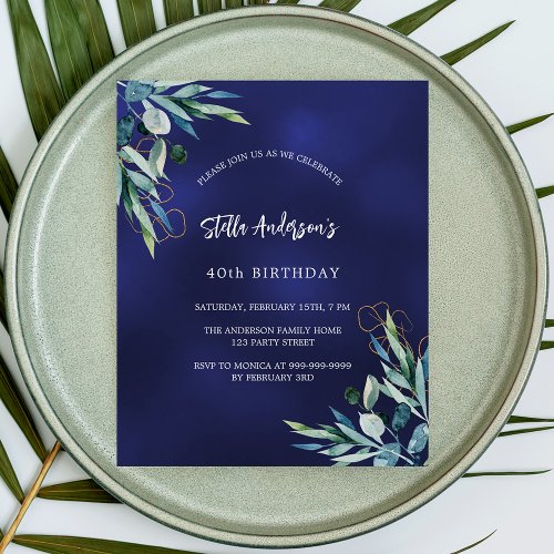 Navy blue greenery budget birthday invitation flyer