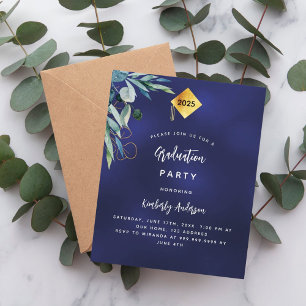 Navy blue greenery budget graduation invitation flyer