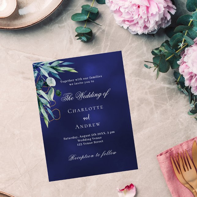 Navy blue greenery budget wedding invitation flyer (Creator Uploaded)