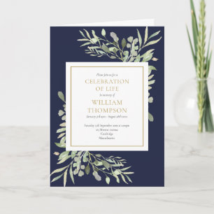 Navy Blue Greenery Celebration of Life Funeral Invitation