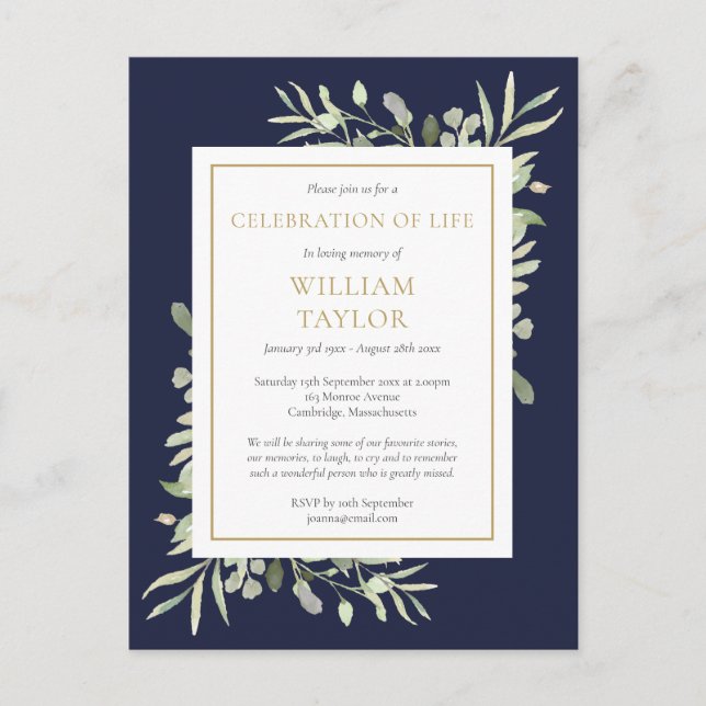 Navy Blue Greenery Celebration of Life Invitation (Front)