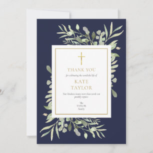 Navy Blue Greenery Christian Funeral Memorial Thank You Card