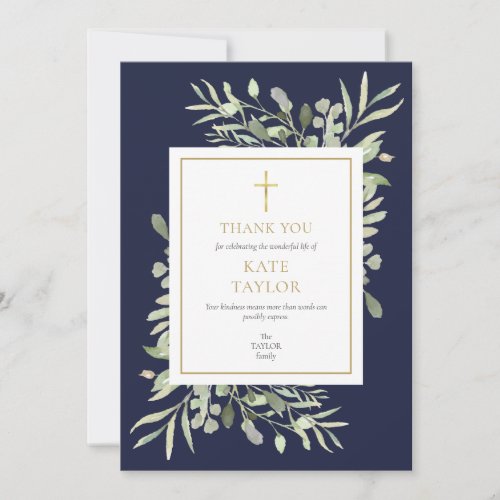 Navy Blue Greenery Christian Funeral Memorial Thank You Card