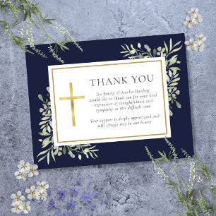 Navy Blue Greenery Christian Funeral Thank You Card