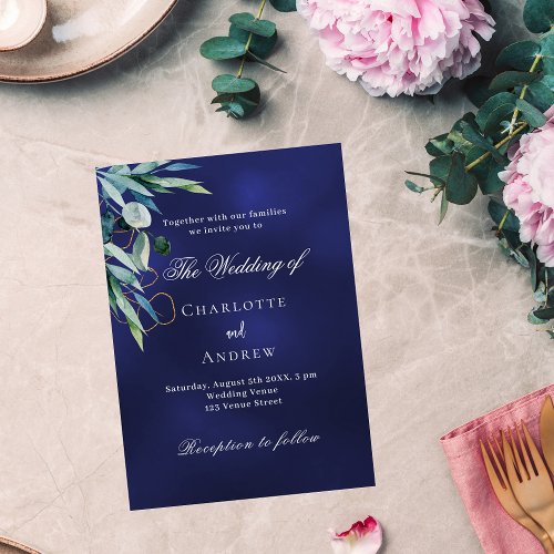 Navy blue greenery elegant wedding invitation postcard