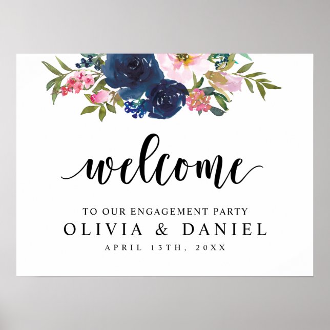 Navy Blue Greenery Engagement Party Welcome Poster (Front)