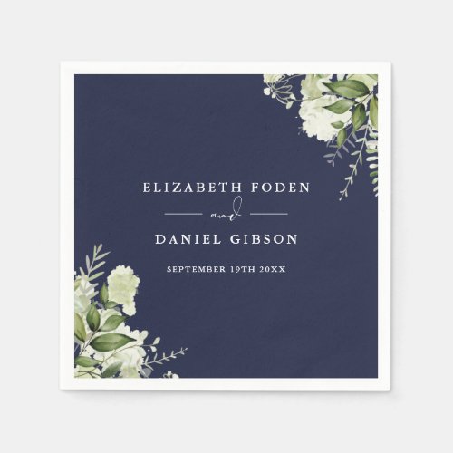 Navy Blue Greenery Floral Elegant Names Date Napkins