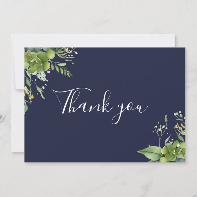 Navy Blue Greenery Floral Elegant Script Thank You Card (Front)