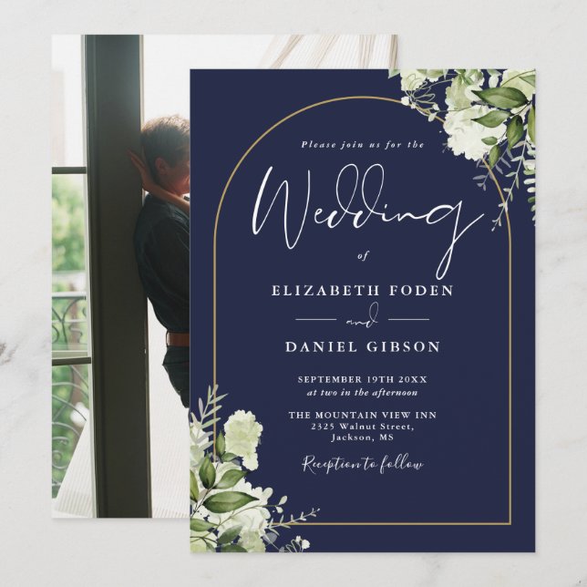 Navy Blue Greenery Floral Gold Arch Photo Wedding Invitation (Front/Back)