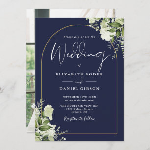 Navy Blue Greenery Floral Gold Arch Photo Wedding Invitation