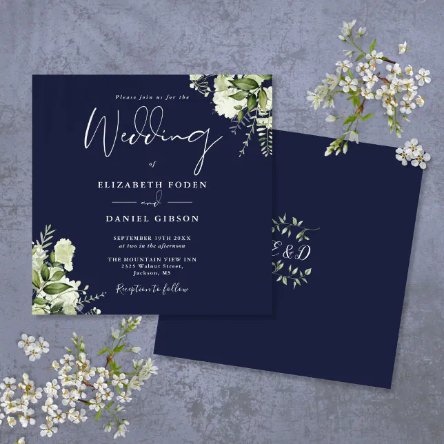 Navy Blue Greenery Floral Monogram Square Wedding Invitation | Zazzle