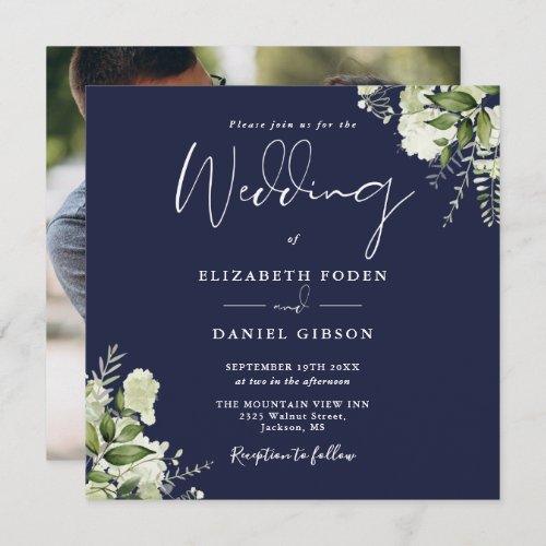 Navy Blue Greenery Floral Photo Square Wedding  Invitation