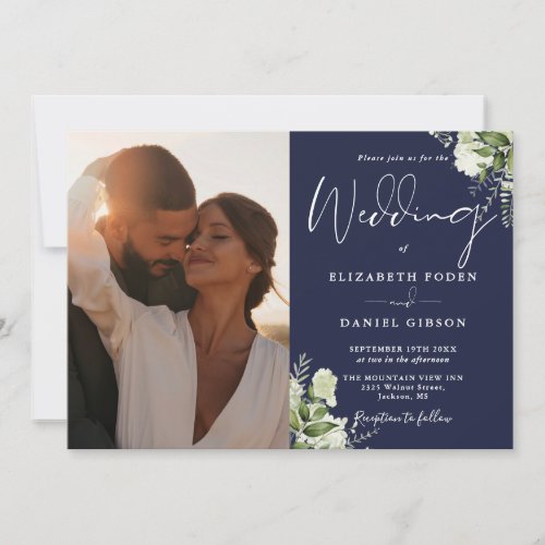 Navy Blue Greenery Floral Photo Wedding Invitation