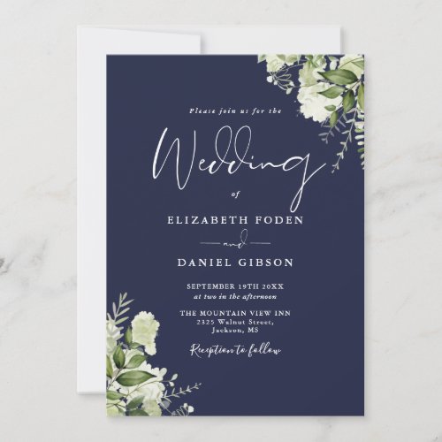 Navy Blue Greenery Floral QR Code Photo Wedding Invitation