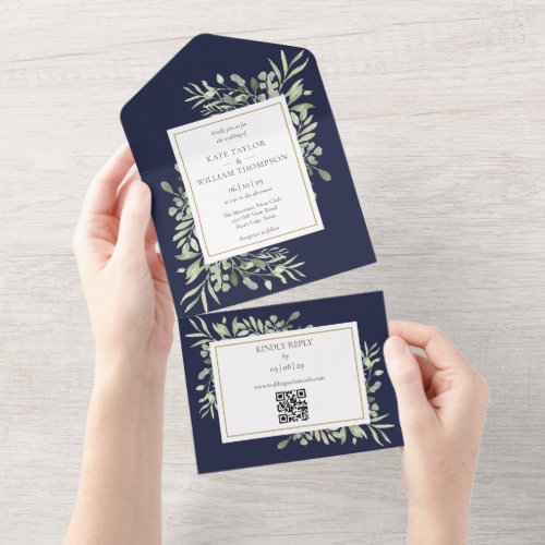 Navy Blue Greenery Floral QR Code Wedding All In One Invitation