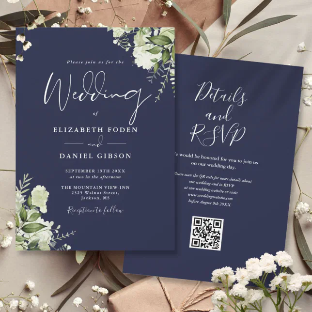 Navy Blue Greenery Floral QR Code Wedding Invitation | Zazzle