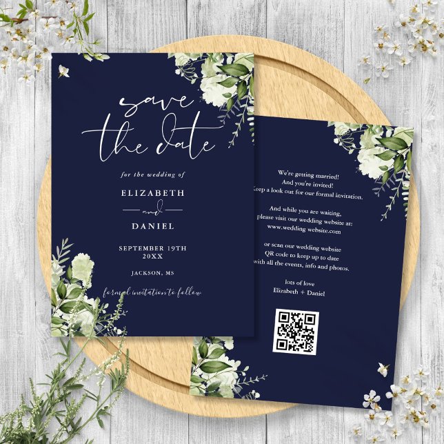 Navy Blue Greenery Floral QR Code Wedding Save The Date (Navy Blue Greenery Floral QR Code Wedding Save The Date)