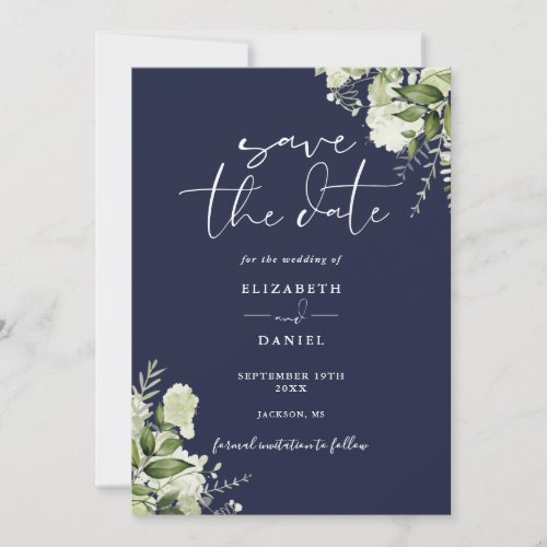 Navy Blue Greenery Floral QR Code Wedding Save The Date