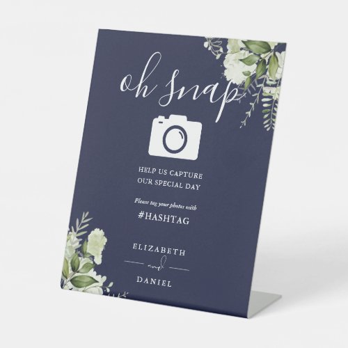 Navy Blue Greenery Floral Script Oh Snap Photo Pedestal Sign