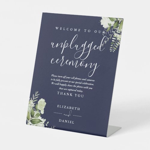 Navy Blue Greenery Floral Unplugged Ceremony Pedestal Sign