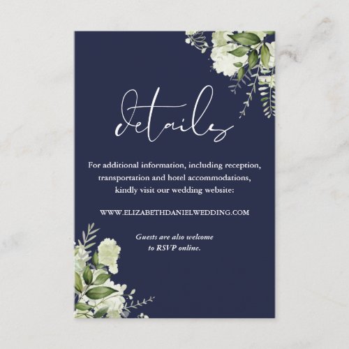 Navy Blue Greenery Floral Wedding Details Enclosure Card