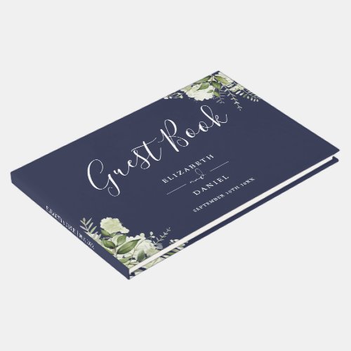 Navy Blue Greenery Floral Wedding Guest Book