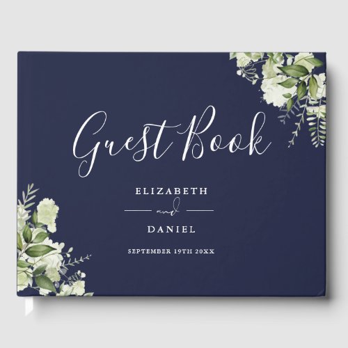 Navy Blue Greenery Floral Wedding Guest Book