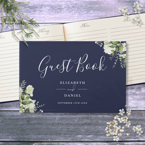 Navy Blue Greenery Floral Wedding Guest Book