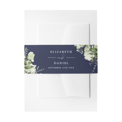 Navy Blue Greenery Floral Wedding Invitation Belly Band