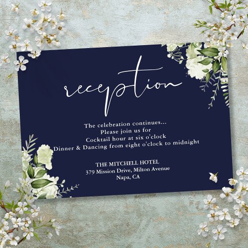 Navy Blue Greenery Floral Wedding Reception Enclosure Card