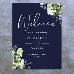 Navy Blue Greenery Floral Wedding Welcome Sign