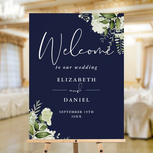 Navy Blue Greenery Floral Wedding Welcome Sign