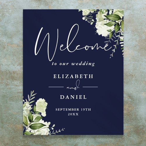 Navy Blue Greenery Floral Wedding Welcome Sign