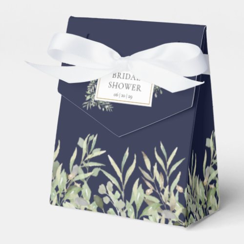Navy Blue Greenery Foliage Bridal Shower Favor Box - Elegant soft greenery leaves bridal shower favor box featuring delicate watercolor leaves framing the brides to be's name and special date set in modern typography. You can personalize with your own thank you message under the lid. A perfect way to say thank you to your guests! Designed by Thisisnotme©