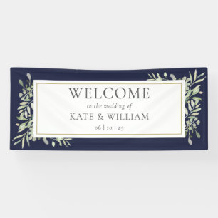 Navy Blue Greenery Foliage Wedding Welcome Banner