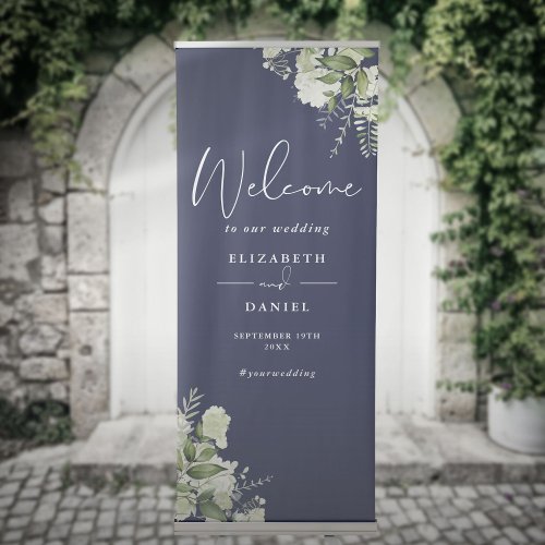 Navy Blue Greenery Foliage Wedding Welcome Retractable Banner