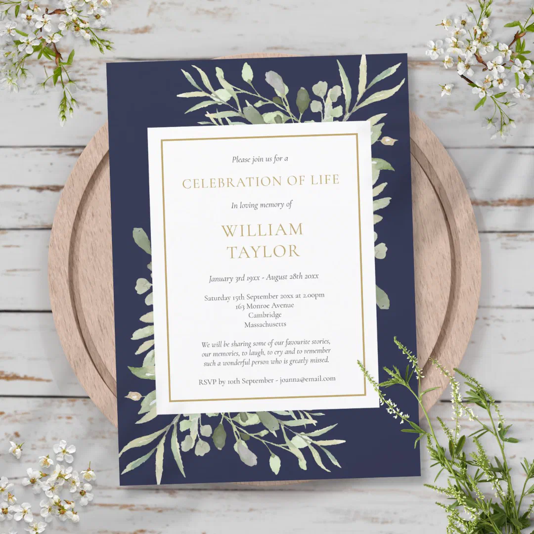 Navy Blue Greenery Funeral Celebration of Life Invitation (Creator Uploaded)