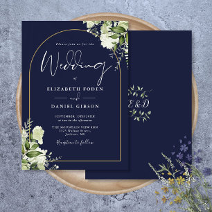 Navy Blue Greenery Gold Arch Monogram Wedding Invitation