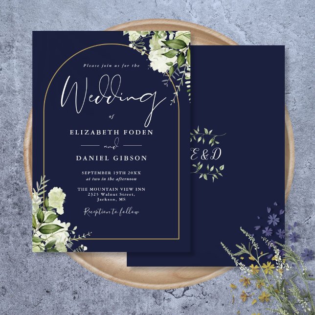 Navy Blue Greenery Gold Arch Monogram Wedding Invitation (Navy Blue Greenery Gold Arch Monogram Wedding Invitation)