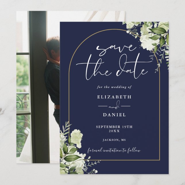 Navy Blue Greenery Gold Arch Photo Wedding Save The Date (Front/Back)