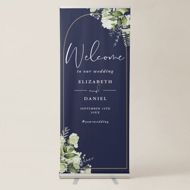Navy Blue Greenery Gold Arch Wedding Welcome Retractable Banner (Front)
