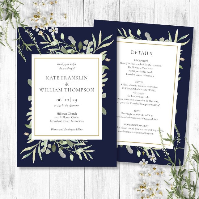Navy Blue Greenery Gold Frame All In One Wedding Invitation (Navy Blue Greenery Gold Frame All In One Wedding Invitation)