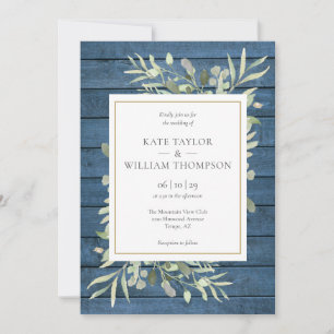 Navy Blue Greenery Gold Rustic Wedding Invitation