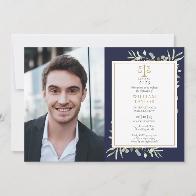 Navy Blue Greenery Law School Graduation Party Inv Invitation (Front)