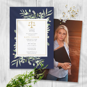 Navy Blue Greenery Law School Graduation Photo Inv Invitation