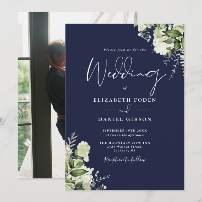 Navy Blue Greenery Leaves Elegant Photo Wedding  Invitation (Front/Back)