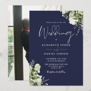Navy Blue Greenery Leaves Elegant Photo Wedding  Invitation