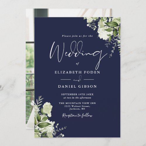 Navy Blue Greenery Leaves Elegant Photo Wedding  Invitation